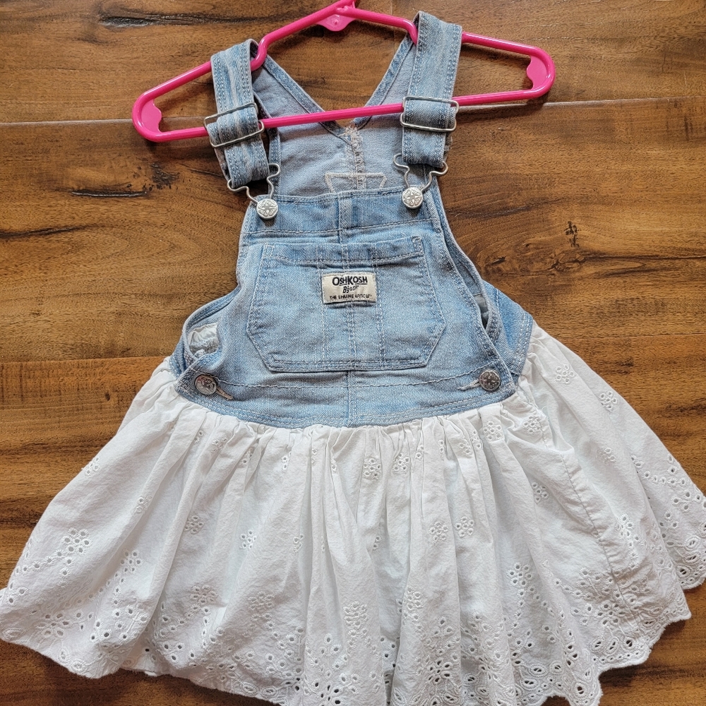 Denim overalls with white eyelet skirt